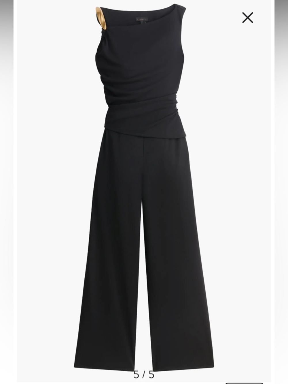 Donna Karan Black Poly Ruched Sleeveless Wide Leg Jumpsuit
